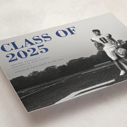 This is a midnight graduation announcements with standard by Emily Sabol Goss called bold headline printing on signature in postcard
