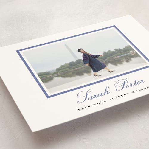 This is a indigo graduation announcements with standard by Sara Hicks Malone called longwood printing on signature in postcard
