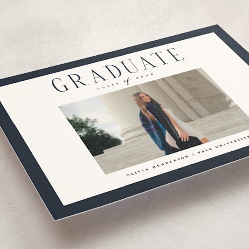 This is a navy graduation announcements with standard by Christy Hy Lee called classic layout printing on signature in postcard