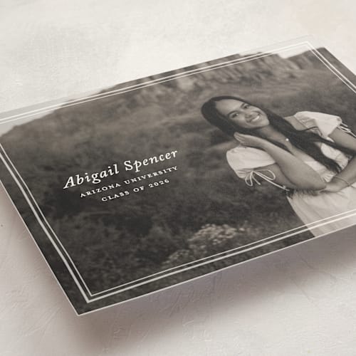 This is a cream graduation announcements with standard by Ellen Schlegelmilch called abigail printing on signature in postcard