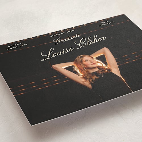 This is a champagne graduation announcements with standard by Pati Cascino called teather printing on signature in postcard