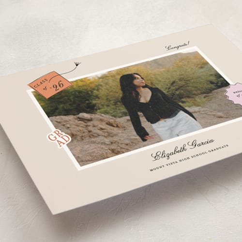 This is a apricot graduation announcements with standard by Ashley Iwafuchi called grad vibes printing on signature in postcard