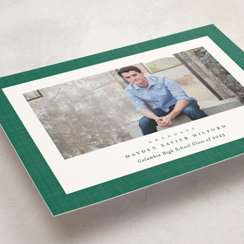 This is a shamrock graduation announcements with standard by Lea Delaveris called linen frame printing on signature in postcard
