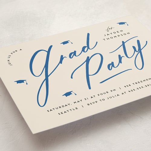 This is a azure graduation invitations with standard by Louise Kay called celebrate the grad printing on signature in postcard