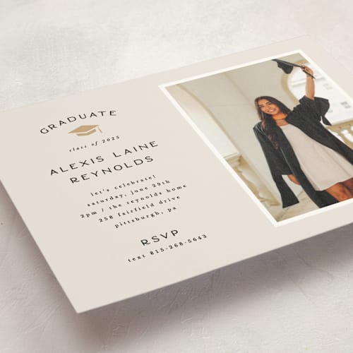 This is a ecru graduation invitations with standard by Hooray Creative called official party printing on signature in postcard
