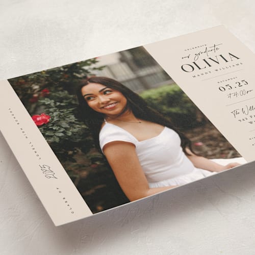 This is a petal graduation invitations with standard by Orasie called invitation with photo printing on signature in postcard