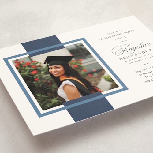 This is a navy graduation invitations with standard by Owl and Toad called preppy frame printing on signature in postcard