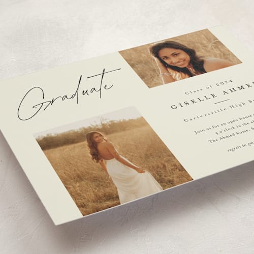 This is a bone graduation invitations with standard by Stacey Meacham called duo printing on signature in petite