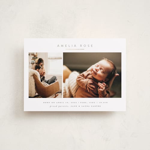 This is a clay foil stamped birth announcements with foil pressed by Carolyn Nicks called simply sweet printing on recycled smooth signature in petite