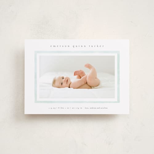 This is a mint petite birth announcements with standard by Lauren Chism called golightly printing on recycled smooth signature in petite
