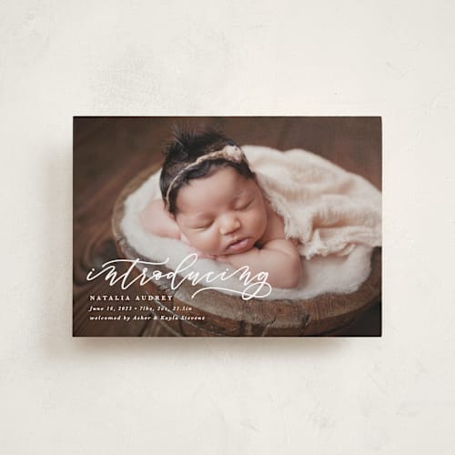 This is a marble petite birth announcements with standard by Lea Delaveris called introducing printing on recycled smooth signature in petite