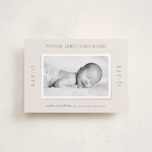 This is a cream petite birth announcements with standard by Hooray Creative called classical printing on recycled smooth signature in petite
