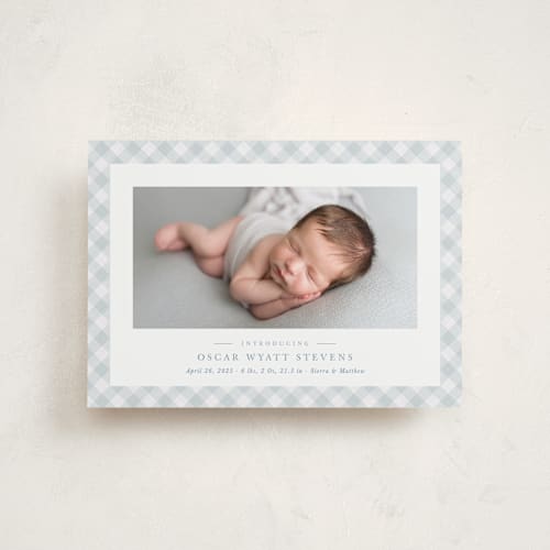 This is a sky petite birth announcements with standard by Lea Delaveris called checked printing on smooth signature in petite