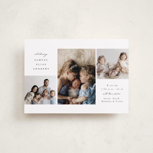 This is a noir petite birth announcements with standard by Emily Betts called three printing on smooth signature in petite