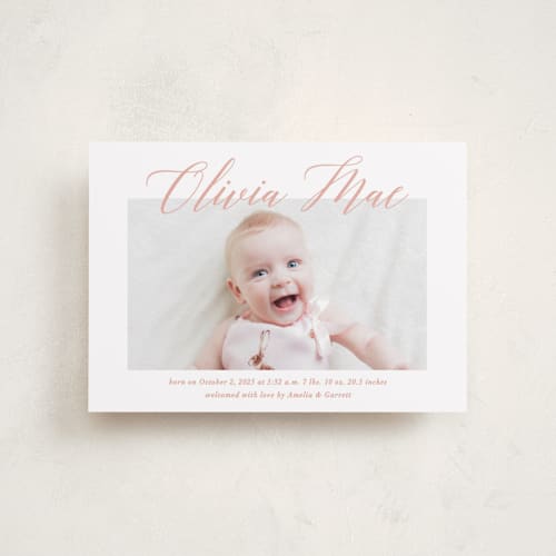 This is a sweet pea petite birth announcements with standard by Jennifer Postorino called sweet script printing on recycled smooth signature in petite