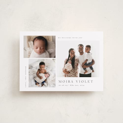 This is a stone petite birth announcements with standard by Carolyn MacLaren called welcome with joy printing on recycled smooth signature in petite
