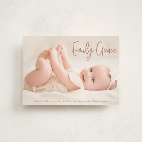 This is a dusty rose petite birth announcements with standard by Lorena Depante called elegance in the name printing on recycled smooth signature in petite