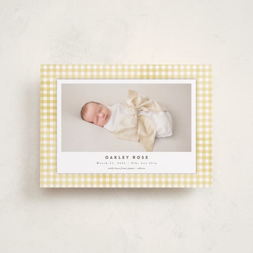 This is a marigold petite birth announcements with standard by Jessie Steury called gingham printing on recycled smooth signature in petite