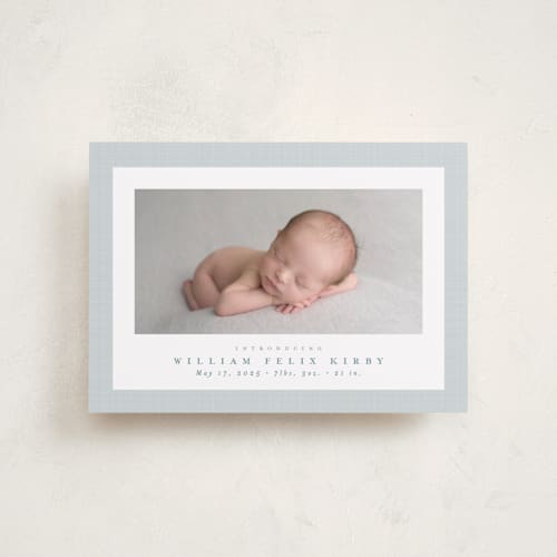 This is a powder petite birth announcements with standard by Lea Delaveris called linen frame printing on smooth signature in petite