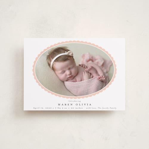 This is a peach petite birth announcements with standard by Emily Betts called scallop oval printing on recycled smooth signature in petite