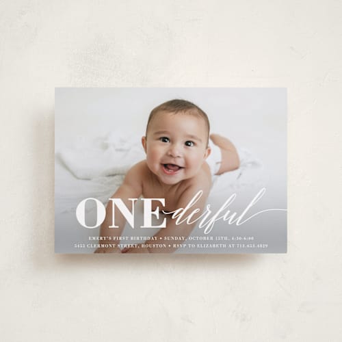 This is a cloud petite kids birthday invitations with standard by Susan Asbill called onederful printing on smooth signature in petite