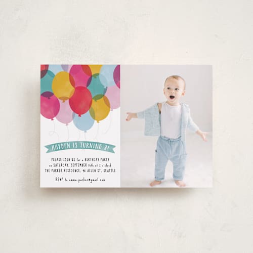 This is a teal petite kids birthday invitations with standard by Hooray Creative called birthday balloons printing on smooth signature in petite