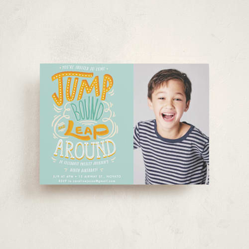 This is a sky petite kids birthday invitations with standard by Shiny Penny Studio called jump bound & leap printing on smooth signature in petite
