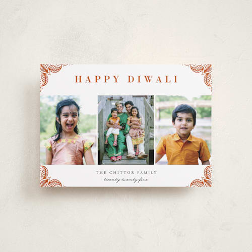 This is a rust diwali cards with standard by Oma N. Ramkhelawan called rangoli corners printing on recycled smooth signature in petite