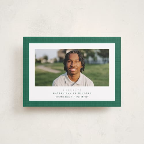 This is a shamrock graduation announcements with standard by Lea Delaveris called linen frame printing on recycled smooth signature in petite
