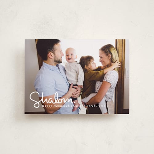 This is a snow hanukkah cards with standard by Akweley Creative called simply shalom printing on recycled smooth signature in petite