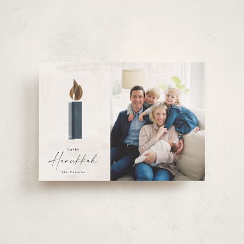 This is a champagne hanukkah cards with standard by Kate Ahn called candlelight printing on recycled smooth signature in petite