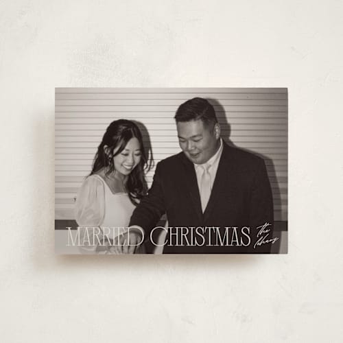 This is a champagne petite holiday cards with standard by Ellen Schlegelmilch called serif married christmas printing on recycled smooth signature in petite