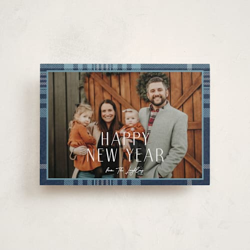 This is a navy petite holiday cards with standard by Annie Holmquist called foiled plaid printing on recycled smooth signature in petite