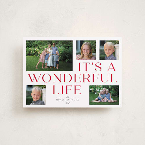 This is a santa suit petite holiday cards with standard by Paula Pecevich called it's a wonderful life printing on recycled smooth signature in petite