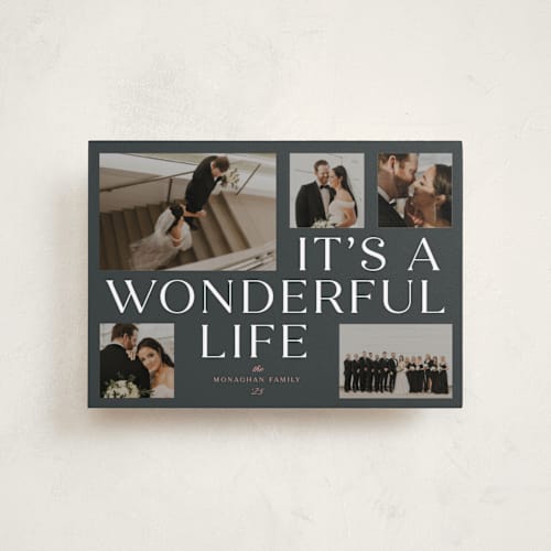 This is a charcoal petite holiday cards with standard by Paula Pecevich called it's a wonderful life printing on recycled smooth signature in petite