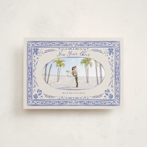 This is a blue joy petite holiday cards with standard by Lucrecia Caporale called cheerful frame printing on recycled smooth signature in petite