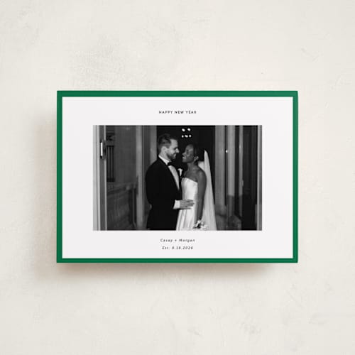 This is a pine petite holiday cards with standard by Wendy Chung called classic border printing on recycled smooth signature in petite