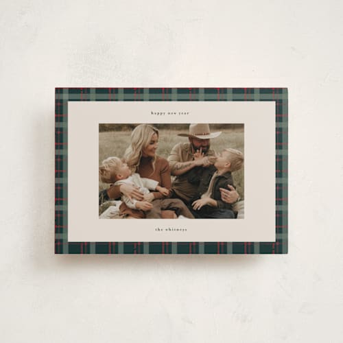 This is a wreath petite holiday cards with standard by Makewells called plaid peace printing on recycled smooth signature in petite