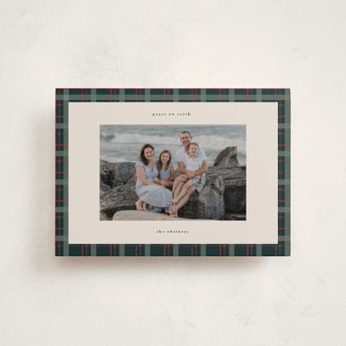 This is a wreath petite holiday cards with standard by Makewells called plaid peace printing on recycled smooth signature in petite
