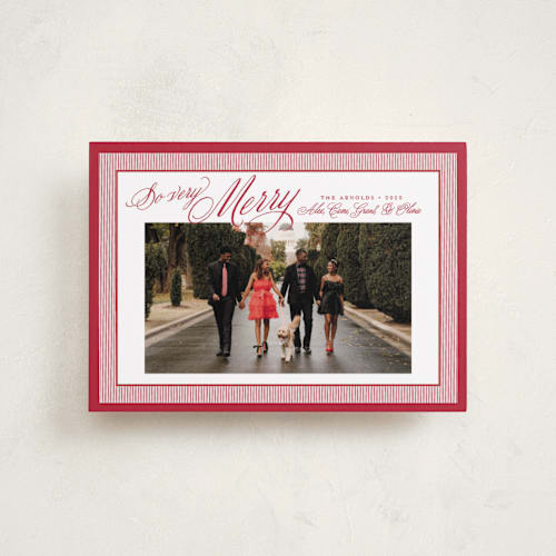 This is a ruby petite holiday cards with standard by Alston Foster called merry striped frame printing on recycled smooth signature in petite