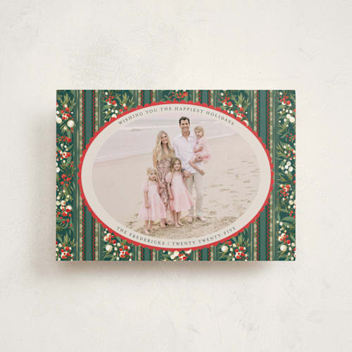 This is a fruitcake petite holiday cards with standard by Jackie Crawford called holiday garland ribbon printing on recycled smooth signature in petite