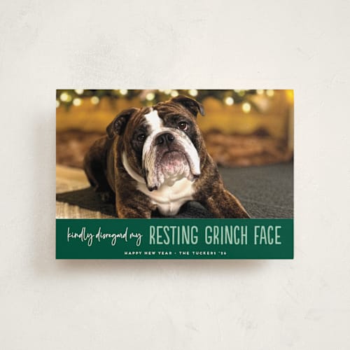 This is a noble fir petite holiday cards with standard by Erica Krystek called grinch face printing on recycled smooth signature in petite