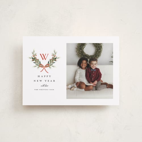 This is a cardinal petite holiday cards with standard by Melanie Kosuge called monogram wreath printing on recycled smooth signature in petite