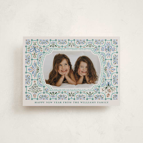 This is a aqua petite holiday cards with standard by Paper Sun Studio called festive folk frame printing on recycled smooth signature in petite