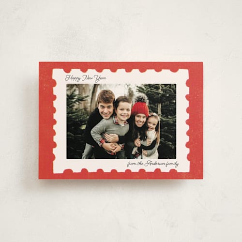 This is a cherry petite holiday cards with standard by Sabrina Excene called risograph stamp printing on recycled smooth signature in petite