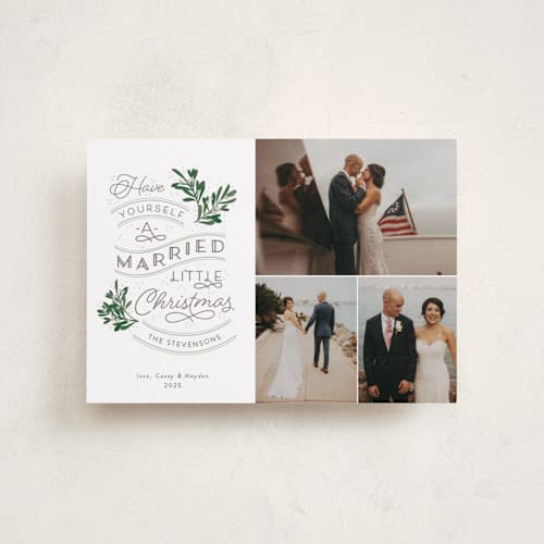 This is a evergreen petite holiday cards with standard by Sarah Brown called a little married printing on recycled smooth signature in petite