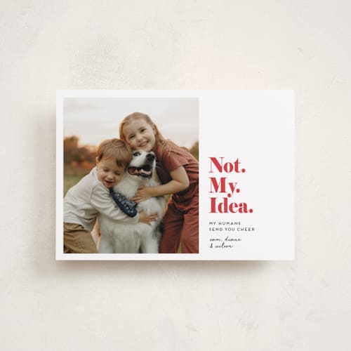 This is a bright red petite holiday cards with standard by Penny Eversole called not my idea pet card printing on recycled smooth signature in petite