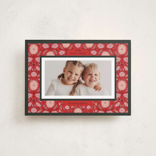 This is a poinsettia petite holiday cards with standard by Julie Murray called cottage floral printing on recycled smooth signature in petite