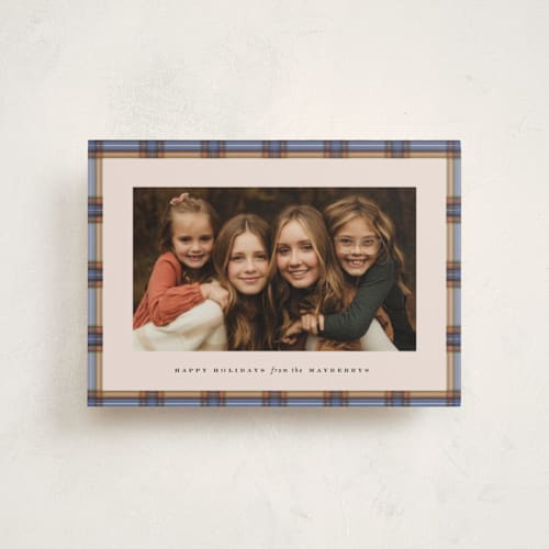 This is a cornflower petite holiday cards with standard by Olivia Kanaley Inman called taffeta tartan printing on recycled smooth signature in petite