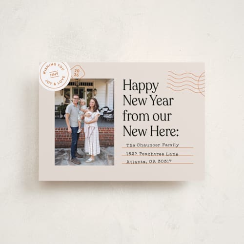 This is a champagne petite holiday cards with standard by Shari Margolin called new here printing on recycled smooth signature in petite